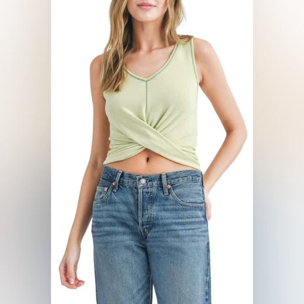 Lush Contrast Stitch Twist Front Tank Large, PALE GREEN